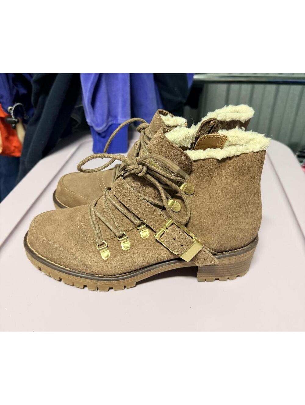 Sporto Tan Faux Suede Sherpa Lace-Up Combat Boots Women’s Size 7 Hiking Booties